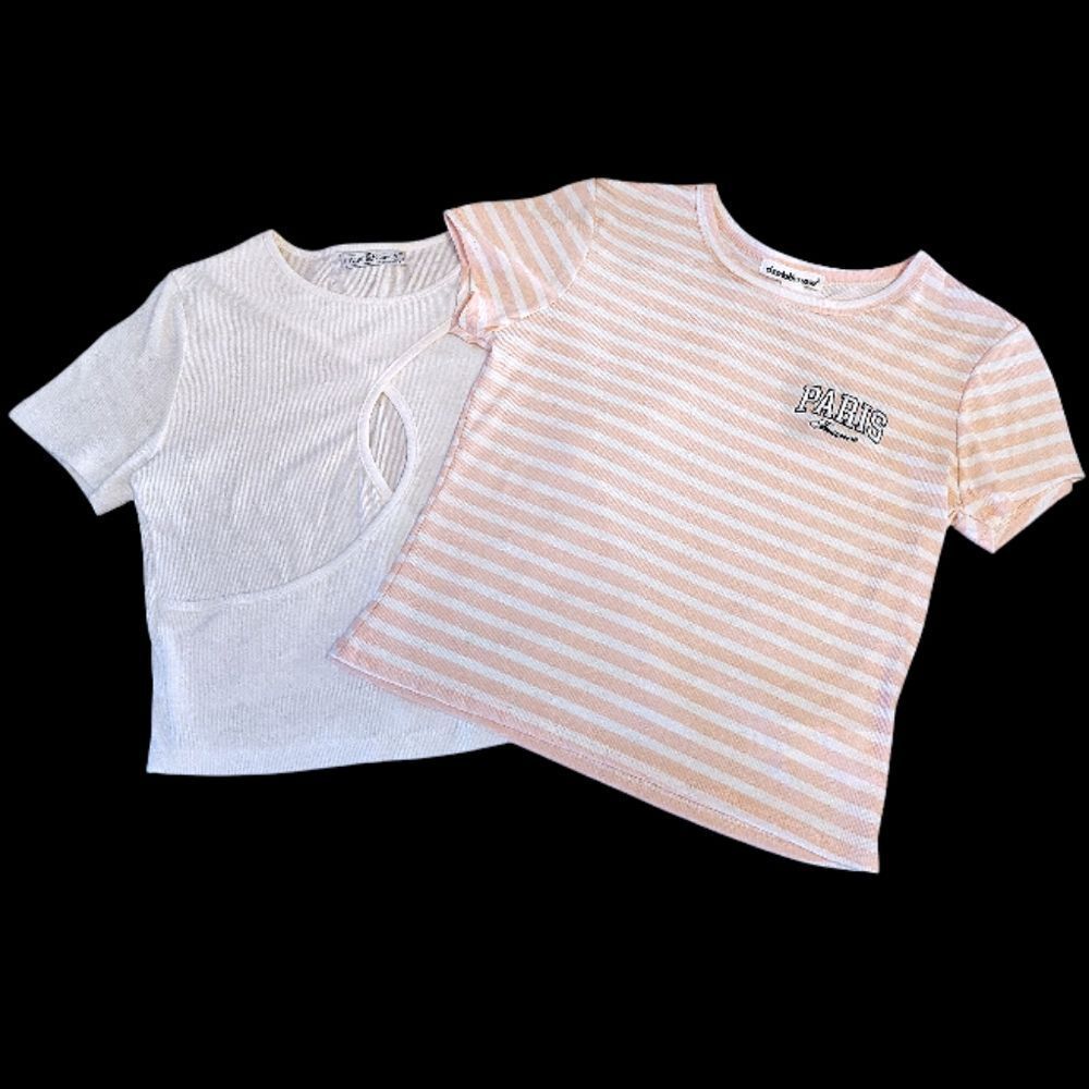 Pink Striped Paris Print and White Cutouts Short Sleeve Crop Tees Large NEW